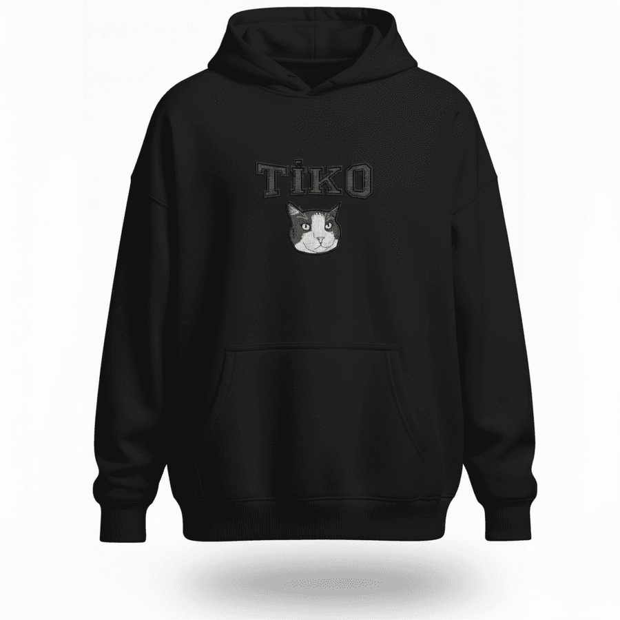 Köpek nakışlı siyah hoodie — kişiye özel evcil hayvan portresi nakışı